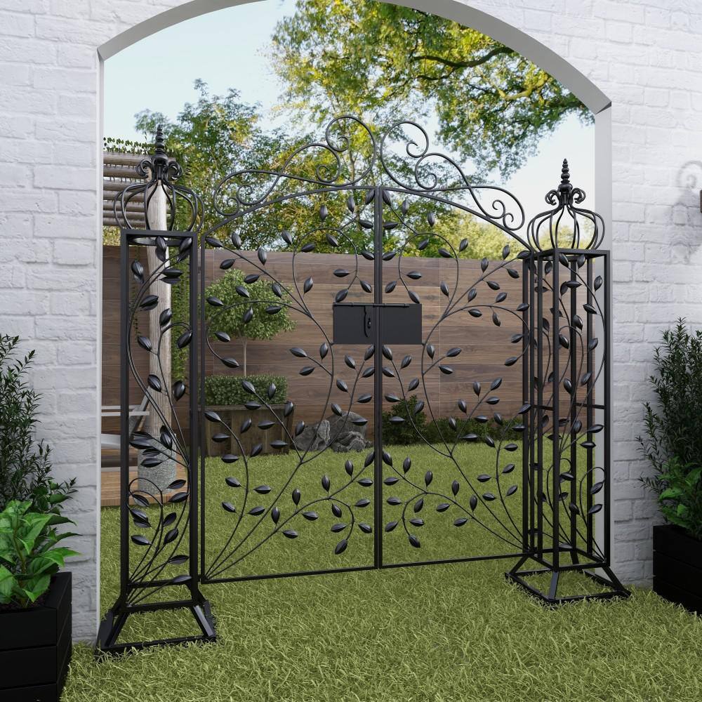 Matte Black Metal Scrollwork Arched Garden Gate Arbor