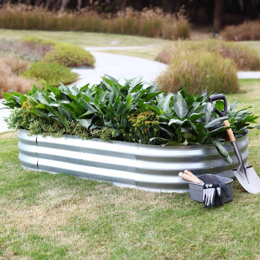 Oval Silver Galvanized Steel Raised Garden Bed Planter, 6ft x 3ft