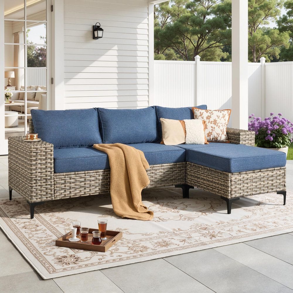 Sunny 4-Piece Wicker Outdoor Furniture Patio Conversation Sofa Seating Set with an Ottoman and Denim Blue Cushions price history on PriceWatchPro
