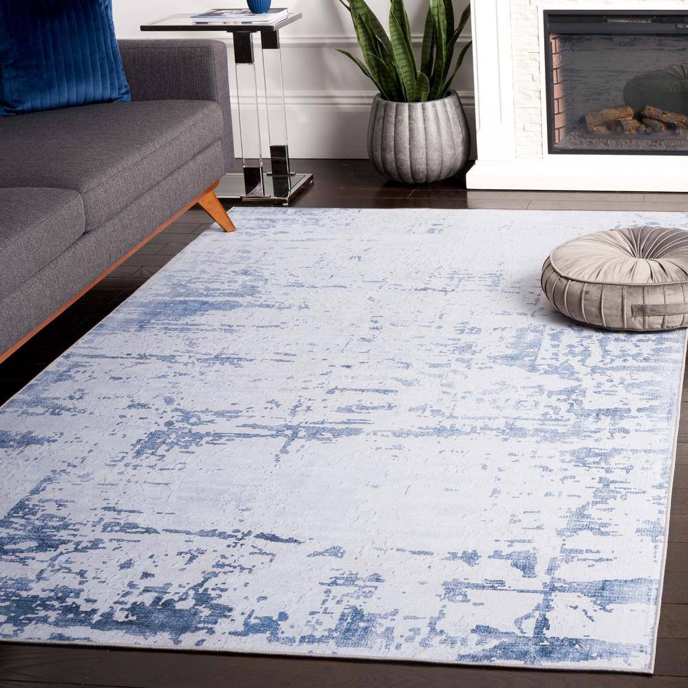 Gray and Navy Abstract Washable Synthetic Area Rug, 3' x 5'