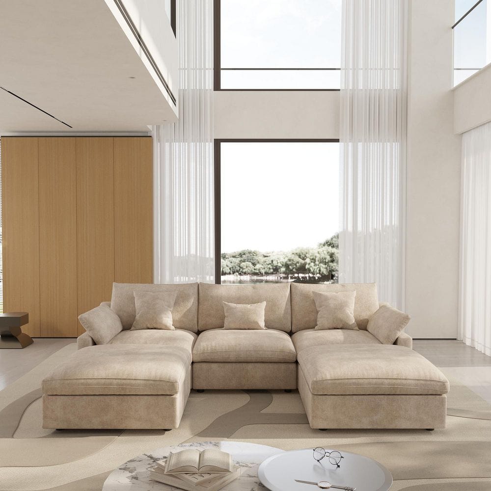 119.2 in. Square Arm 5-Piece Linen U-Shaped Down Feather Modular Free Combination Sectional Sofa with Ottoman in Brown