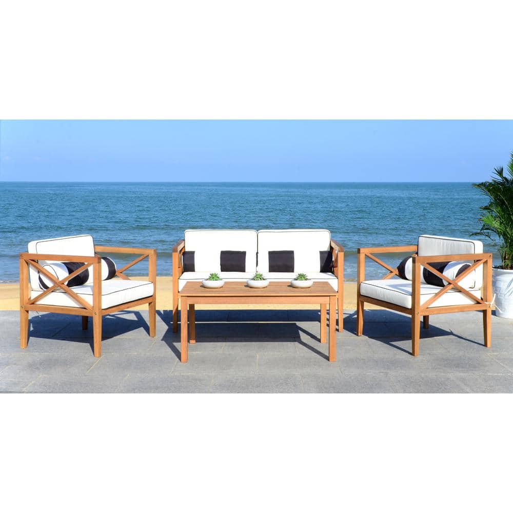 Nunzio Natural Teak Wood 4-Piece Outdoor Set with White Cushions