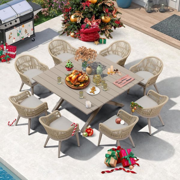 9 Piece Aluminum All-Weather PE Rattan Square Outdoor Dining Set with Cushion, Champagne