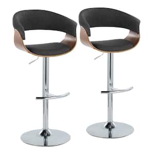 Vintage Mod 32 in. Charcoal Fabric, Walnut Wood and Chrome Metal Adjustable Bar Stool Rounded T Footrest (Set of 2)