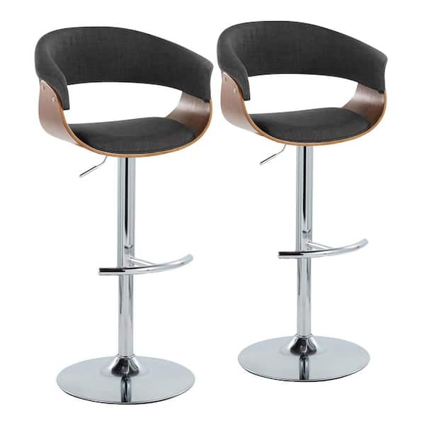Lumisource Vintage Mod 32 in. Charcoal Fabric, Walnut Wood and Chrome Metal Adjustable Bar Stool Rounded T Footrest (Set of 2)