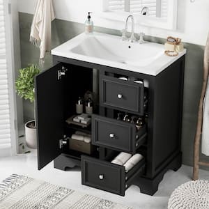 26.96 in. W x 18.46 in. D x 33.7 in. H Single Sink Freestanding Bath Vanity in Black with White Ceramic Top and Storage