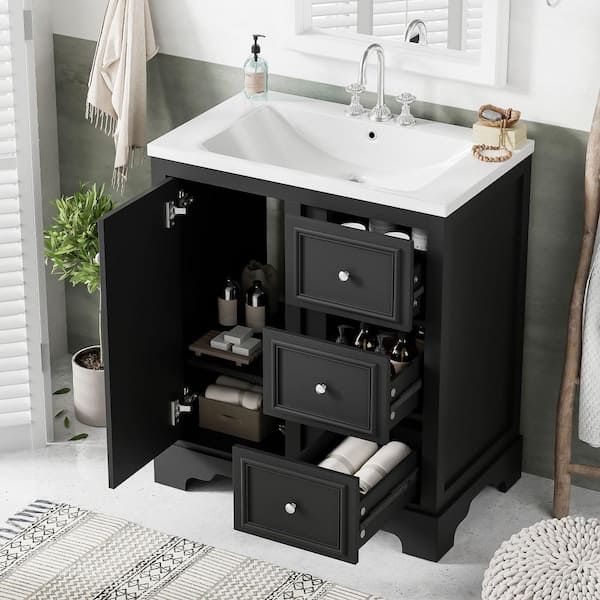 29.96 in. Single Sink Freestanding Black Bath Vanity with White Ceramic Top and 3-Drawers Storage Cabinet Unassembled