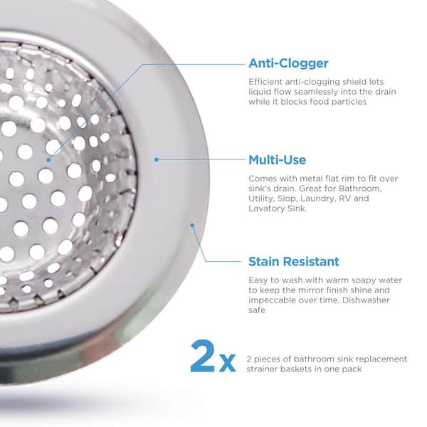 2 Pack - 2.25 Top / 1.25 Basket, Rust Proof Stainless Steel Bathroom  Sink, Lavatory, Slop and Utility Sink Hair Catcher Drain Strainer Hair