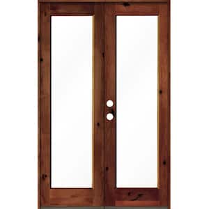 64 in. x 96 in. Rustic Knotty Alder Wood Clear Full-Lite Red Chestnut Stain Right Active Double Prehung Front Door