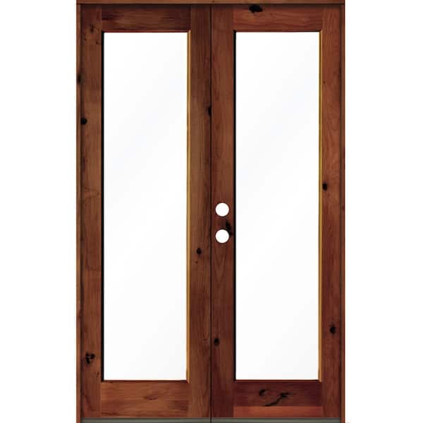 Krosswood Doors 64 in. x 96 in. Rustic Knotty Alder Wood Clear Full-Lite Red Chestnut Stain Right Active Double Prehung Front Door