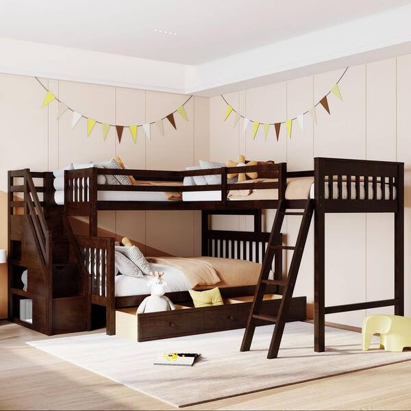 hardwerkend beet motto GOJANE Espresso Twin Over Full L-Shaped Bunk Bed With 3 Drawers, Ladder and  Staircase LT000810LWYAAP - The Home Depot