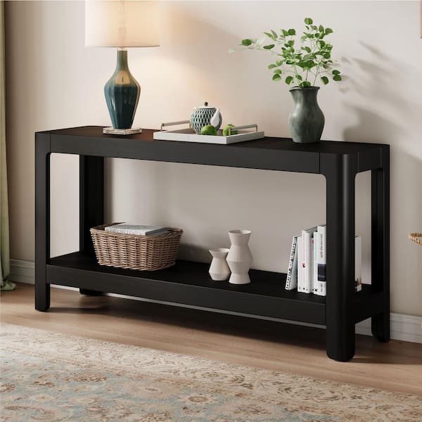 Harper & Bright Designs 59 in. Black Rectangle Wood Console Table with Premium Wood Veneer and Rounded Corners