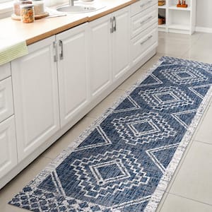 Marokko Blue/Ivory 2 ft. x 10 ft. Diamond Tribal Medallion Indoor/Outdoor Area Rug