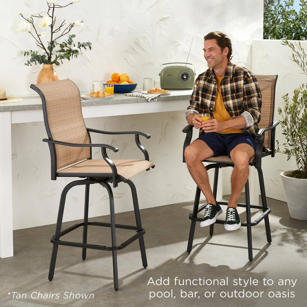 Tan Outdoor Swivel Bar Stools with Mesh and Steel Frame