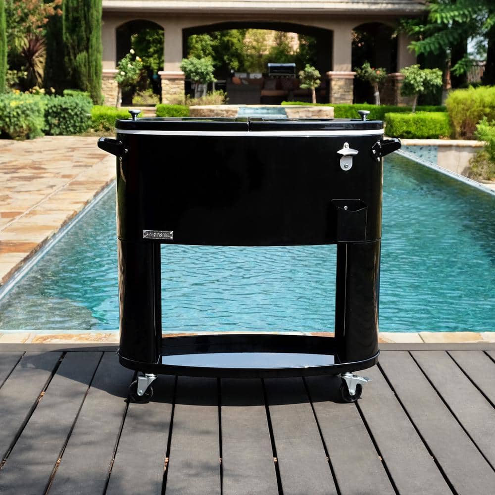 Black Powder Coated Steel Rolling Patio Cooler with Insulated Basin
