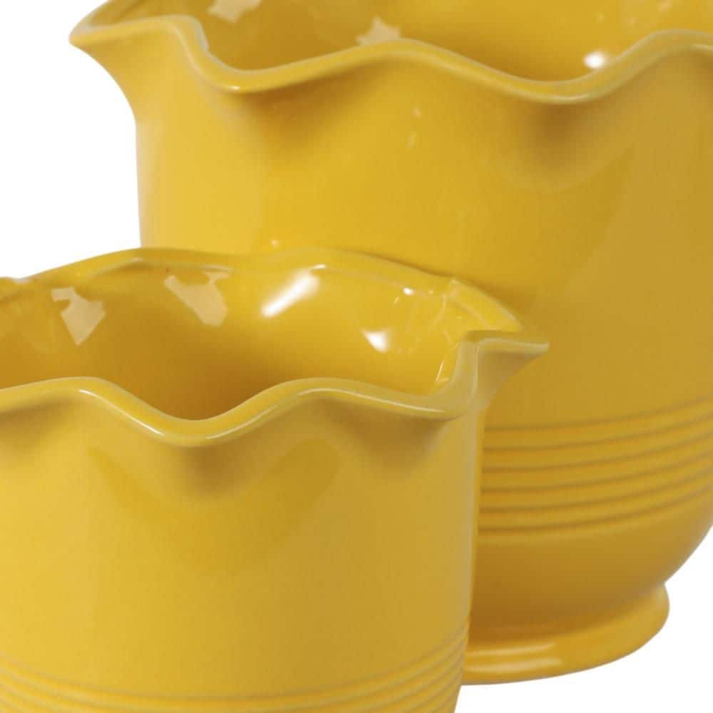 6 in. and 8 in. Yellow Ceramic Round Fluted Decorative Pots (Set of 2)