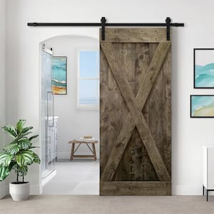 Distressed X 36 in. x 84 in. Espresso Stained DIY Solid Knotty Pine Wood Interior Sliding Barn Door with Hardware Kit