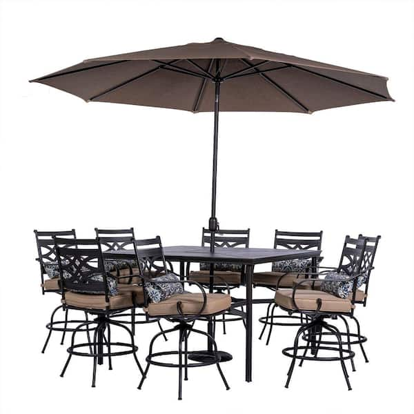 Montclair 9 Piece Steel Outdoor Dining Set with Tan Cushions 8 Swivel Chairs 60 in. Counter Height Table and Umbrella