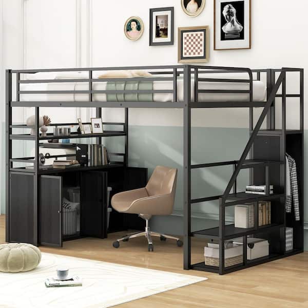 Nestfair Black Full Size Metal Loft Bed with Storage Staircase and Wardrobe