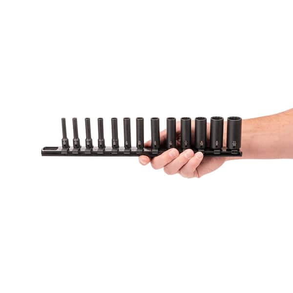 TEKTON 1/4 in. Drive Deep 12-Point Impact Socket Set with Rail, 13