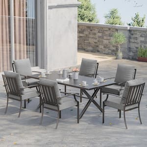 7-Piece Metal Patio Outdoor Dining Set with 6 Chairs, Large Table, Umbrella Hole and Gray Cushions