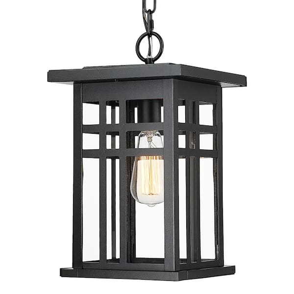 JAZAVA 14.7 in. 1-Light Die-Cast Aluminum Black Outdoor Pendant Light with Clear Glass and No Bulbs Included