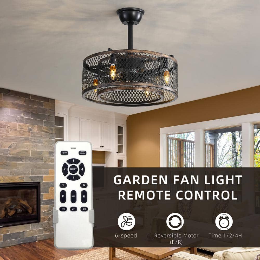 20" Black Steel Caged Ceiling Fan with Warm Lighting and Remote Control