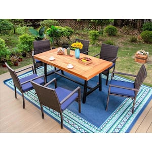 Black 7-Piece Metal Patio Acacia Wood Outdoor Dining Set with Rectangular Table and Rattan Chair with Blue Cushion