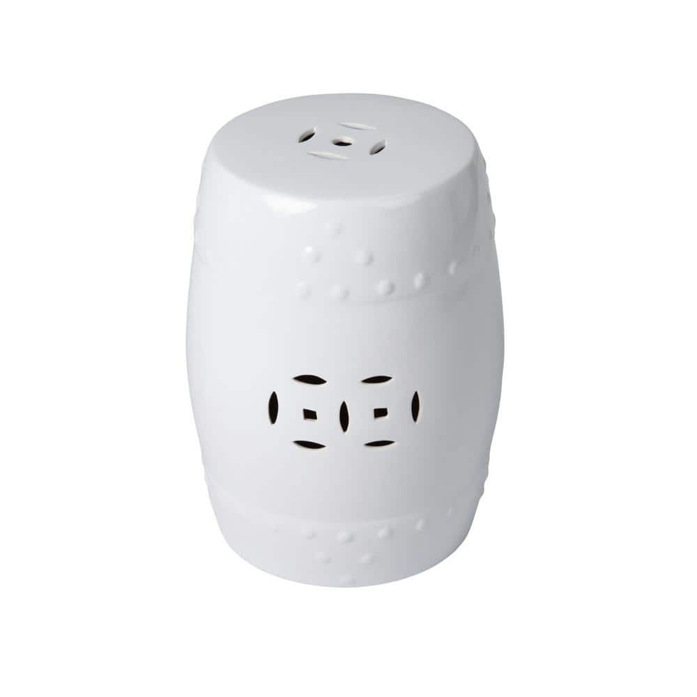 Optic White Ceramic Garden Stool with Double Medallion Design