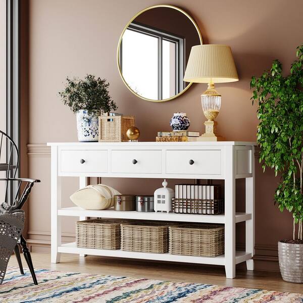 GODEER Retro 50 in. Antique White Standard Rectangle Console Table with Pine Solid Wood 3-Top Drawers and 2-Open Shelves