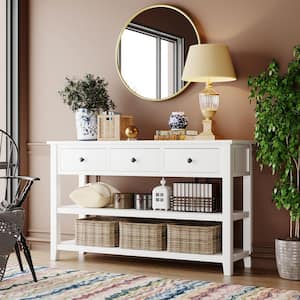 Retro and Modern Design 50 in. White Rectangle Pine Console Table with 3 Top Drawers and 2 Open Shelves
