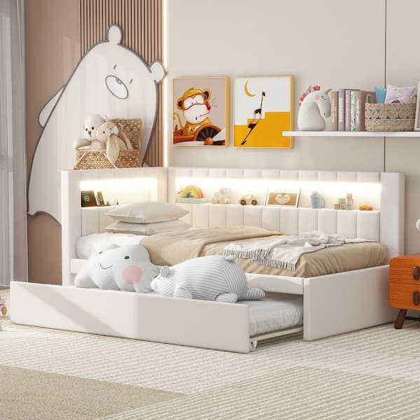 White Twin Size Wood Frame Linen Upholstered Daybed with Twin Trundle, Light Storage Headboard, USB Charging Ports