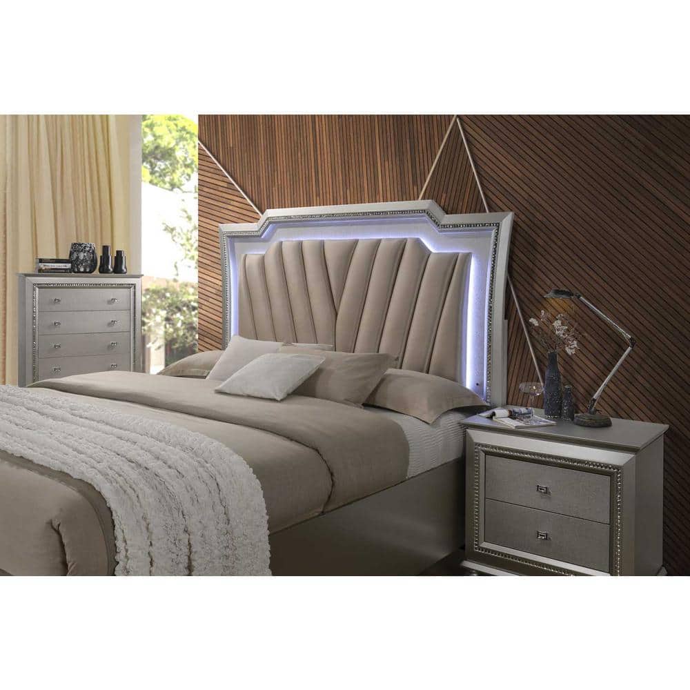 Queen Champagne Faux Leather Upholstered Storage Bed with LED Headboard