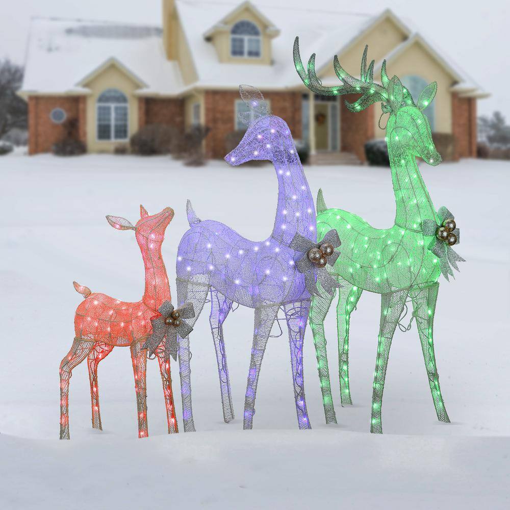 Multicolor LED Lighted Deer Family with Glitter Accents