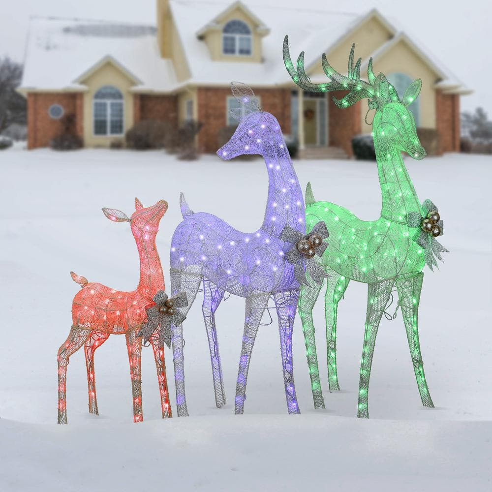 Multicolor LED Lighted Deer Family with Glitter Accents