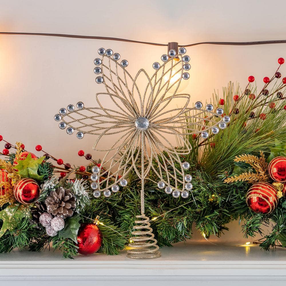 Gold Glitter Metal Flower Tree Topper with Silver Gems