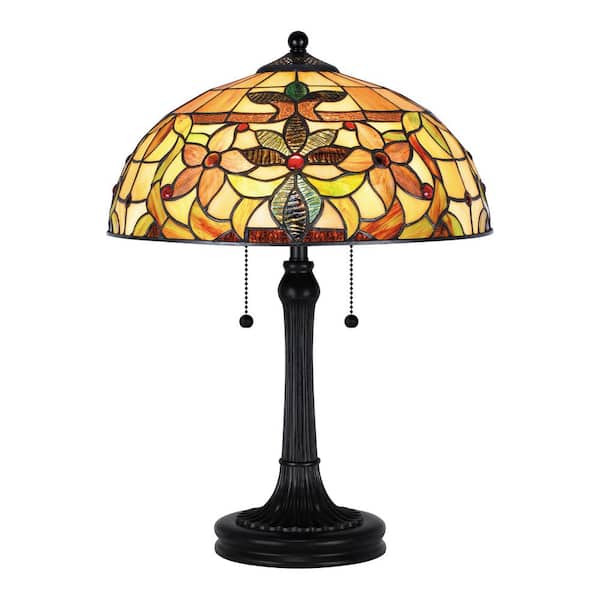 Home Decorators Collection Scoresby 22.25 in. 2-Light Matte Black Table Lamp with Tiffany Glass Shade