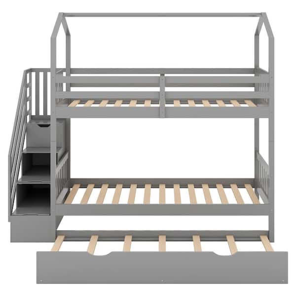 URTR Gray Twin Over Twin House Bunk Bed with Trundle, Wood Bunk Bed Frame with Staircase for Kids, Teens