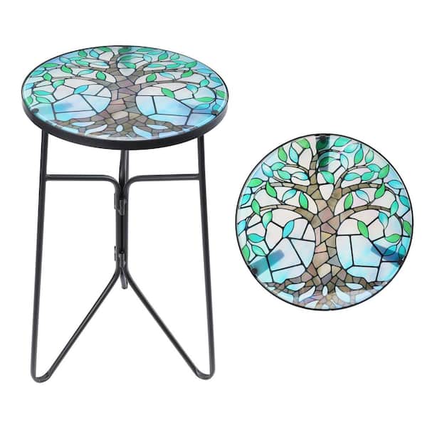 MUMTOP 12 in. Tall Round Side Table Outdoor Glass Top Accent Table, Tree