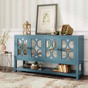 60 in. Navy Rectangle MDF Console Table with Mirrored Doors and Open Shelf