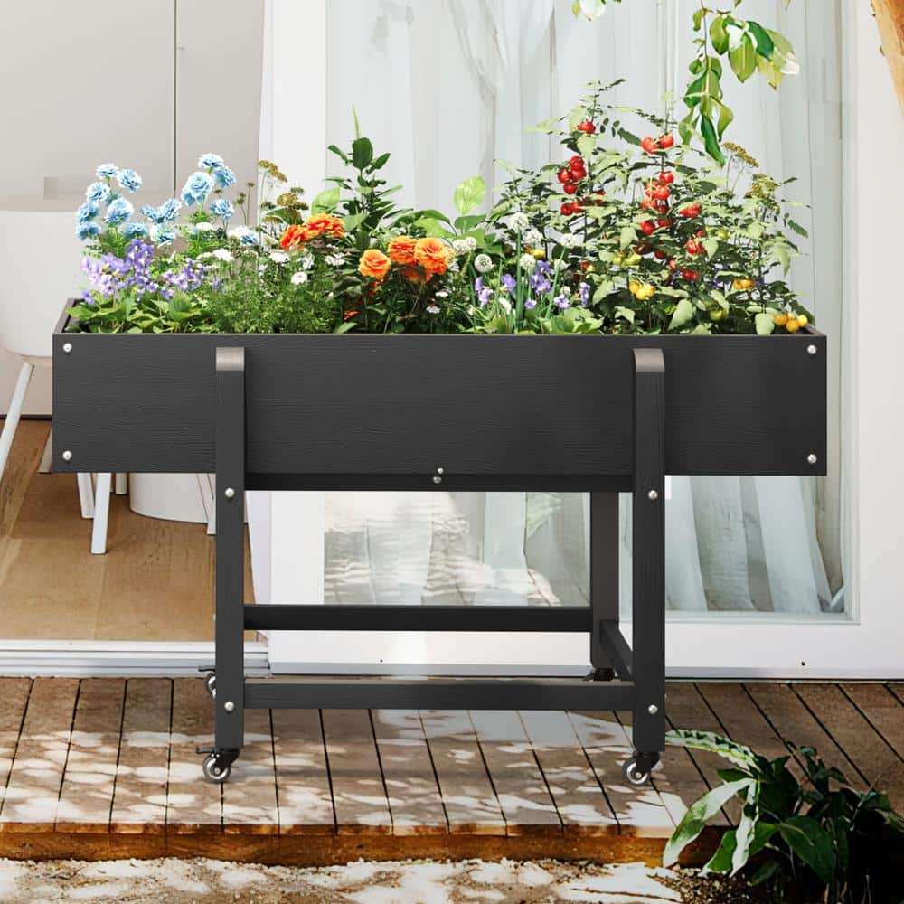 LUE BONA 48 in. x 20 in. x 28 in.Black Plastic Raised Garden Bed Mobile Elevated Planter Box with Lockable Wheels and Liner