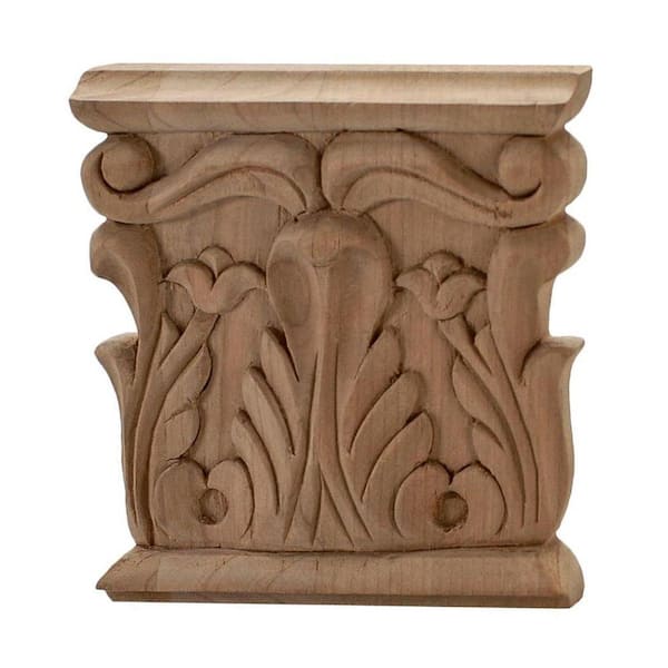 American Pro Decor 3-1/8 in. x 3 in. x 1/2 in. Unfinished Hand Carved North American Solid Cherry Acanthus Wood Onlay Capital Wood Applique