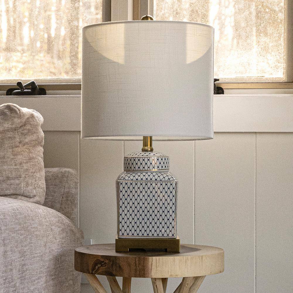 Cleo 21.5" White and Blue Ceramic Ginger Jar LED Table Lamp