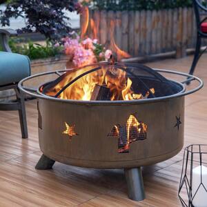 30 in. Steel Round Fire Pit with Poker/Cover/Cooking Grate in Camping Brown
