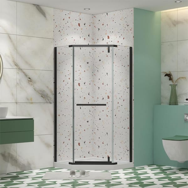 WELLFOR 35.56 in. W x 72 in. H Neo Angle Pivot Frameless Corner Shower Enclosure in Matte Black (Base Not included)