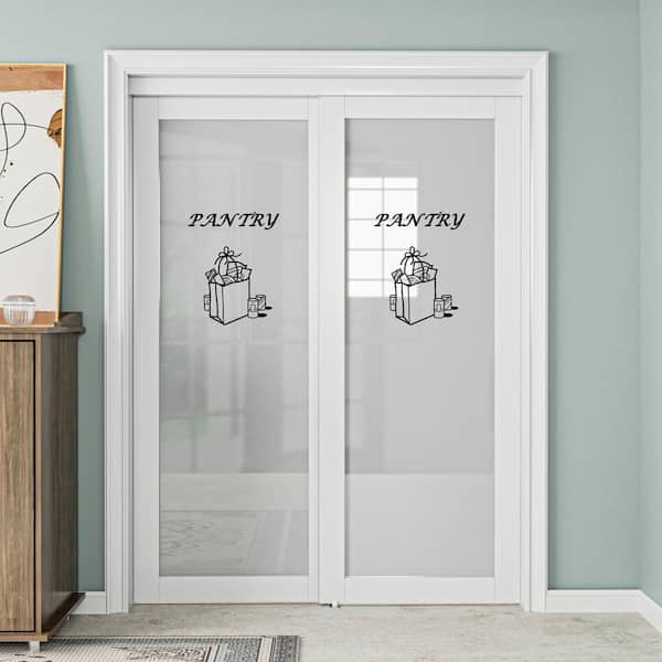 60 in. W. x 80 in. 1-Lite Tempered Frosted Glass White Finished Solid Core Sliding Door with Pantry Sticker and Hardware