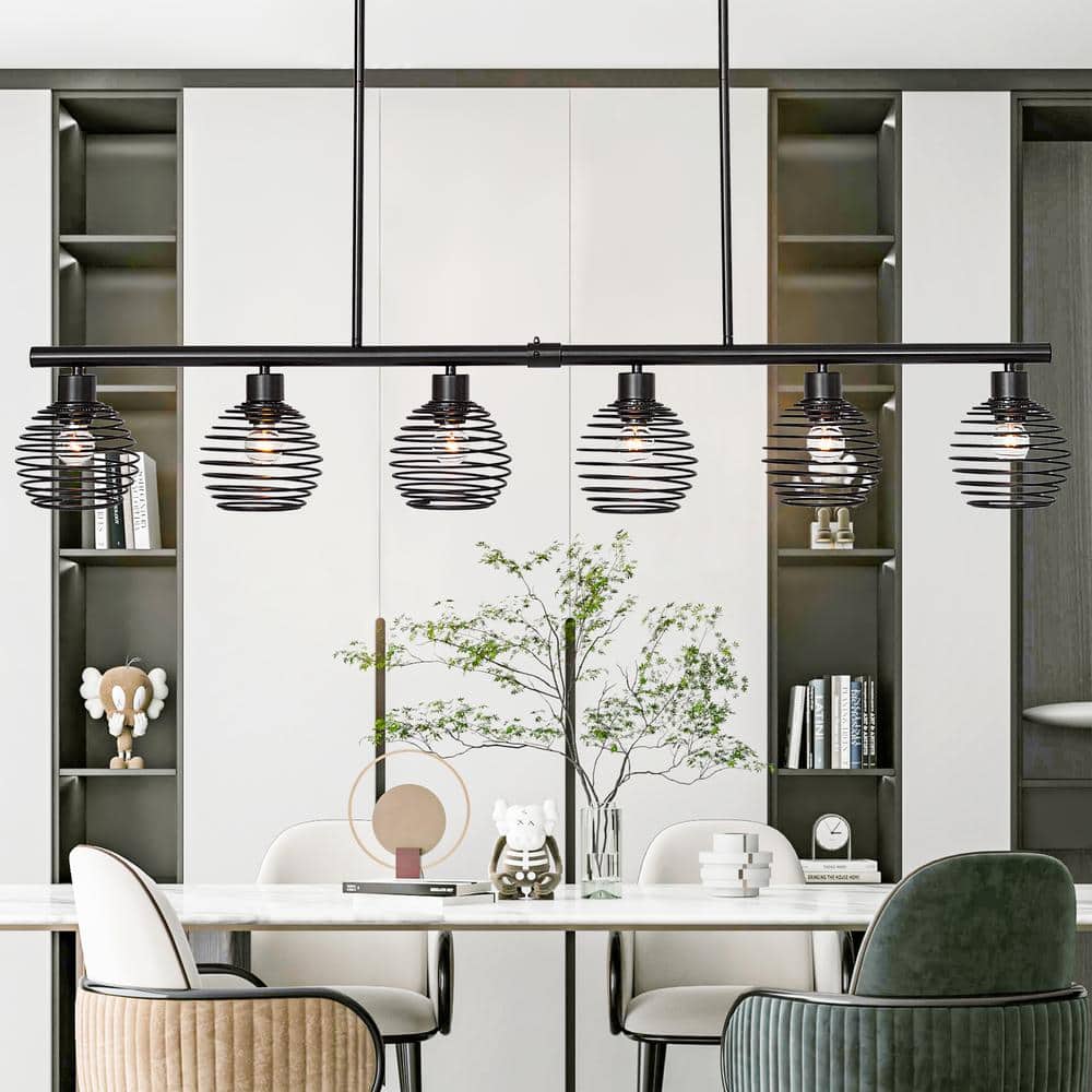 Black Metal 6-Light Linear Pendant with Globe Shades