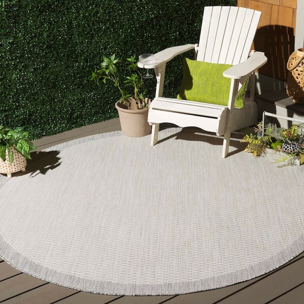 Beach House Ivory/Light Gray 7 ft. x 7 ft. Geometric Border Indoor/Outdoor Round Area Rug