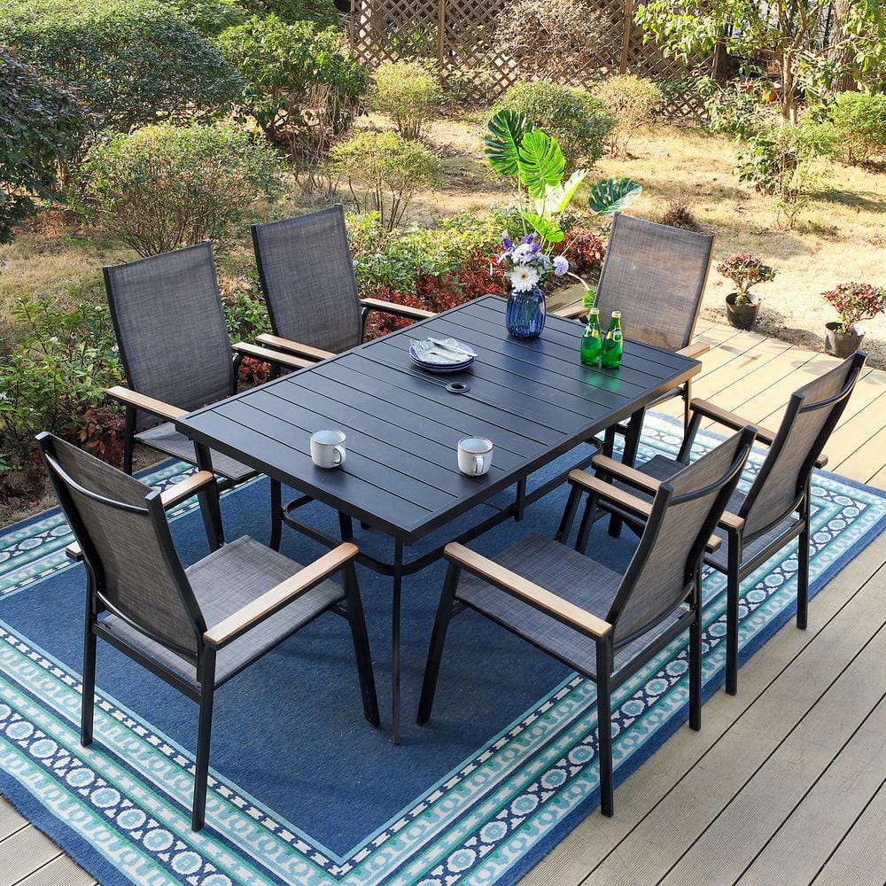 PHI VILLA Black 7-Piece Metal Outdoor Patio Dining Set with Rectangle ...