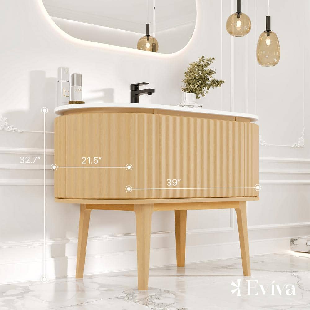 Natural Oak Freestanding Bathroom Vanity with White Solid Surface Top